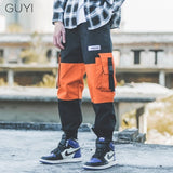 GUYI Contrast Color Pockets Cargo Pants Men Knee Length Patchwork Tactical Trouser Male Fashion Casual Hip Hop Harem Streetwear